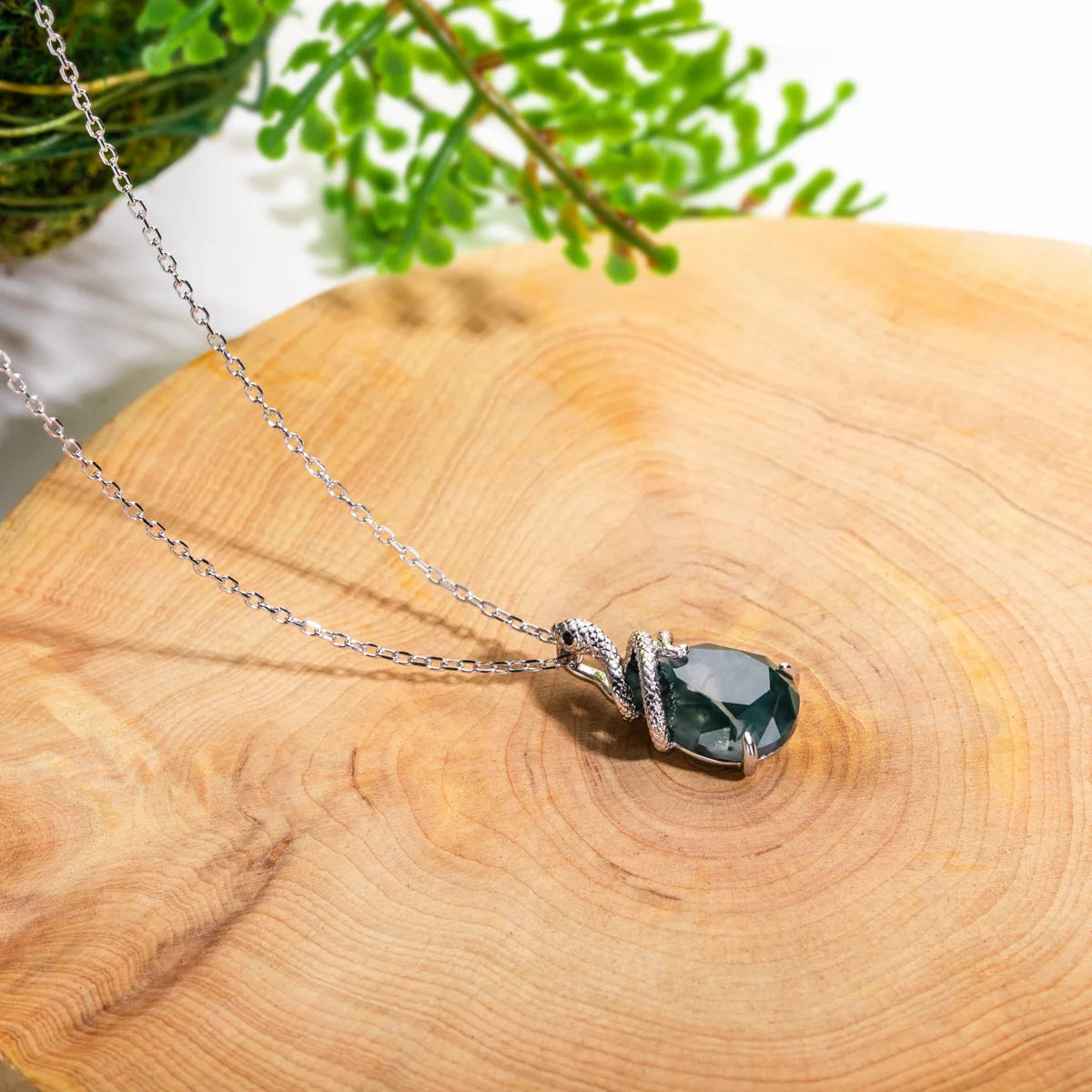 AliMoss 10*13mm Oval Cut Green Moss Agate Snake Necklace 925 Sterling Silver Cubic Zircon Pendant(18+2in) for Women Gifts