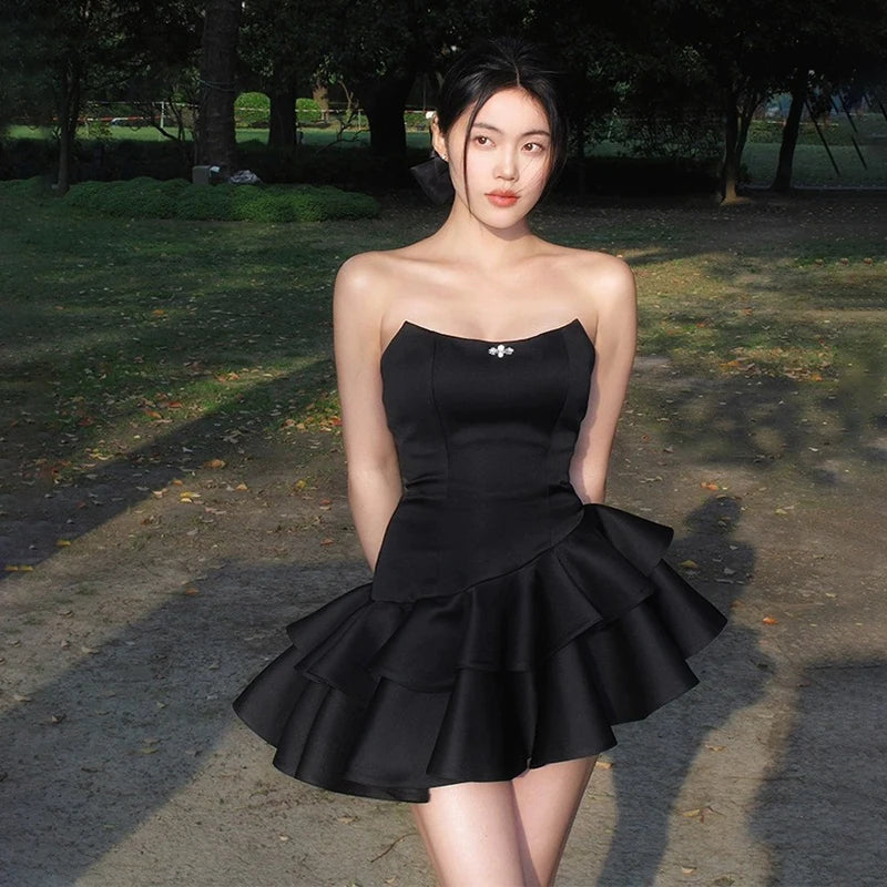 Summer Irregular Strapless Women Sexy A-Line Party Tiered Balck Mini Dress