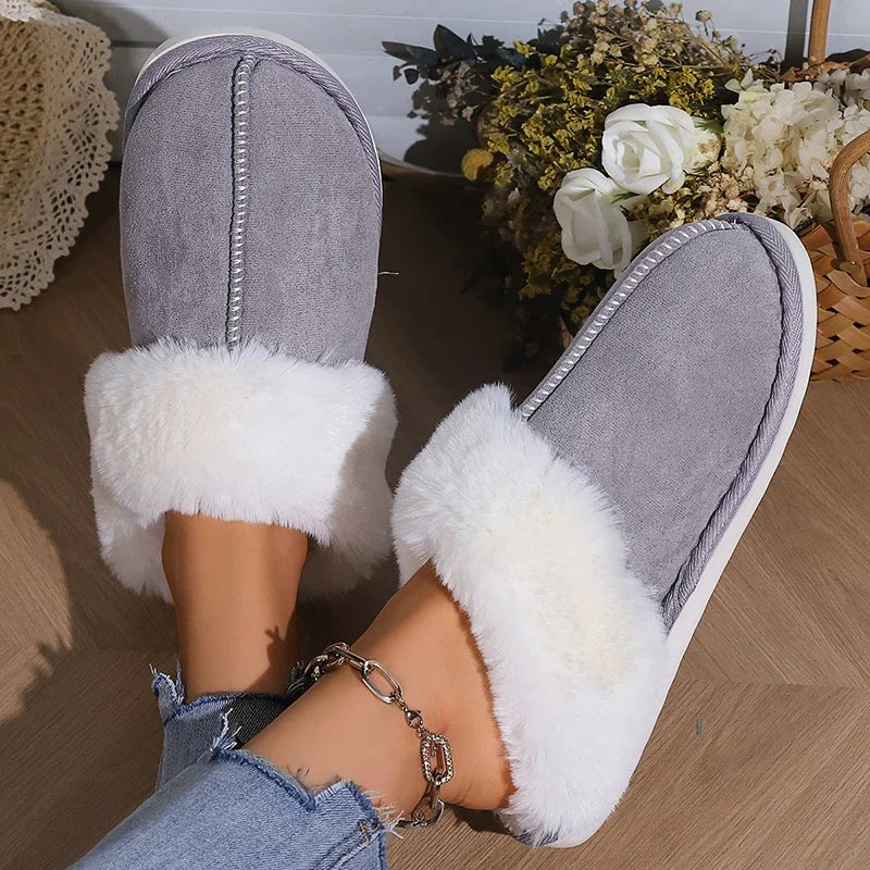 Lucyever 2023 Winter Fur Slippers Women Faux Suede Fluffy Furry Home Slides Woman Comfort Non Slip Indoor Floor Cotton Shoes 45