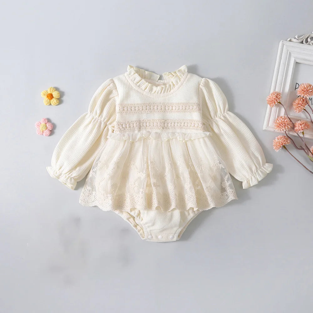 Summer Baby Clothes Infant Waffle Sweet Puff Sleeve Lace Bodysuits Toddler Girls One Piece