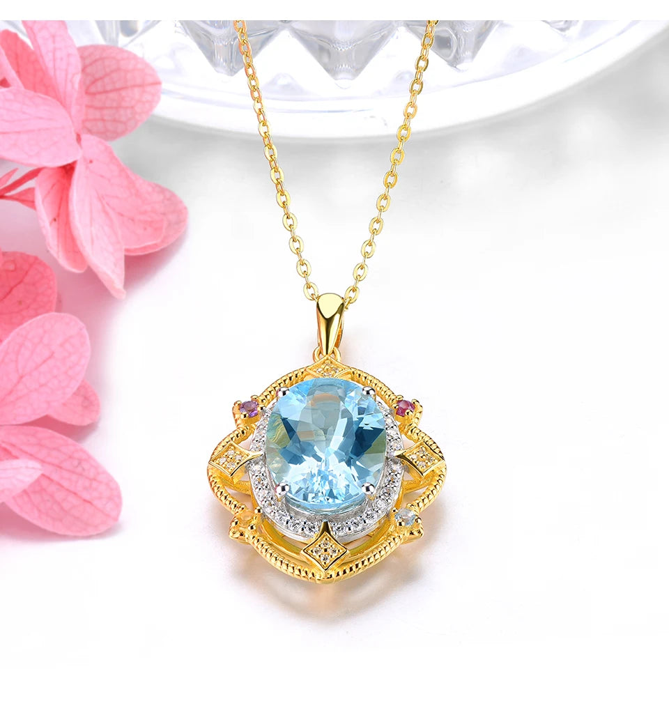 Natural Blue Topaz Silver Yellow Gold Plated Pendant 8 Carats Genuine Sky Blue Gemstone Women Classic Luxury Style Jewelry Gifts