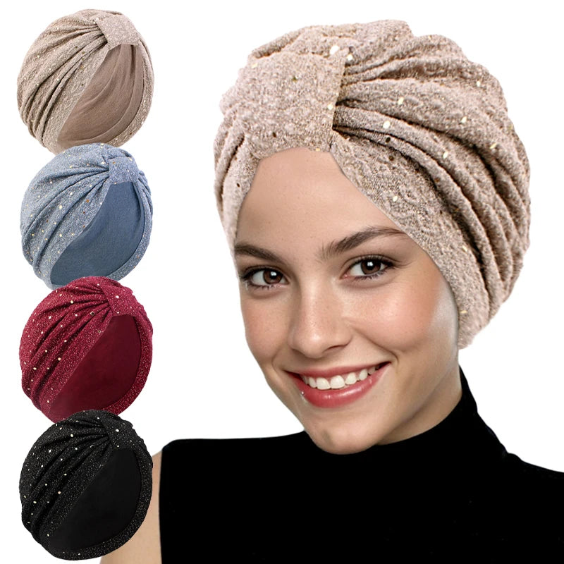 Women's Solid Color Sequin Knotted Turban Hijab Chemo Cap Cancer Hat Hair Loss Headscarf Beanie Bonnet Head Wrap Headband Mujer