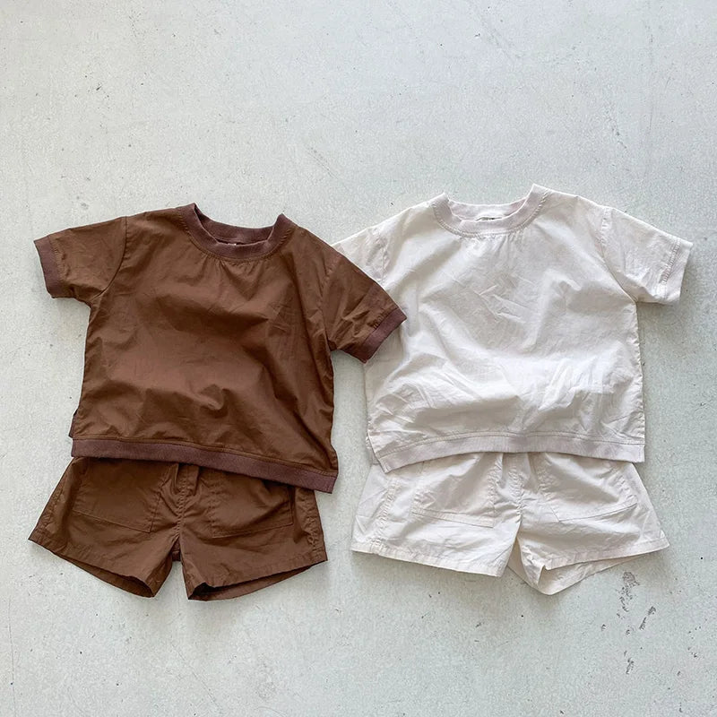 Summer Kids Clothes Set Boys Girls Simple Loose Cotton Short Sleeve Shorts Suit 2 PCS Children Outfit