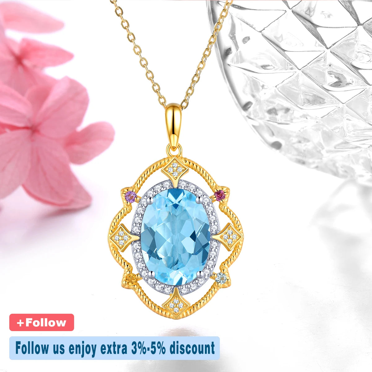 Natural Blue Topaz Silver Yellow Gold Plated Pendant 8 Carats Genuine Sky Blue Gemstone Women Classic Luxury Style Jewelry Gifts