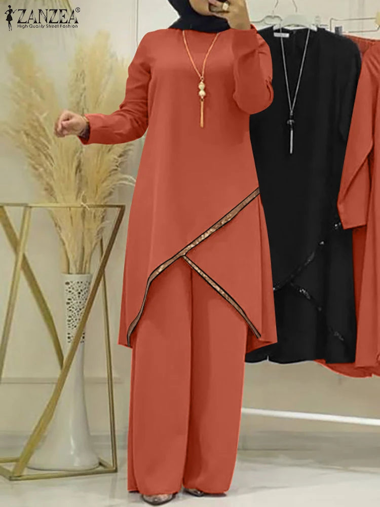 2PCS Women Muslim Sets Fashion Sequins Islamic Clothing Loose Matching Sets Tracksuit Long Sleeve Blouse Abaya Suits