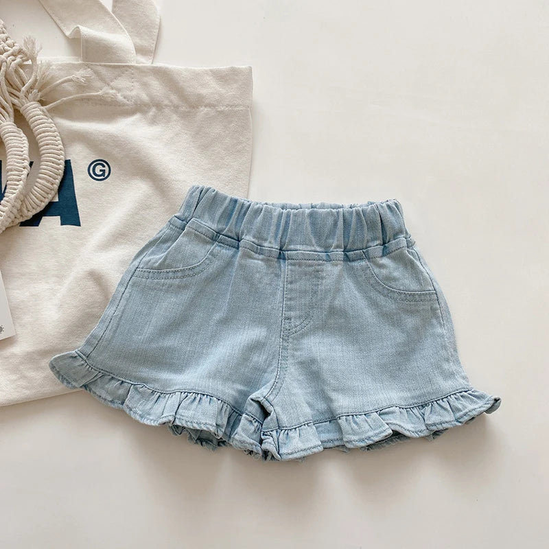 Summer Kids Shorts Solid Brief Denim Girls Ruffle Shorts Children Clothes Teenage Girl Jeans