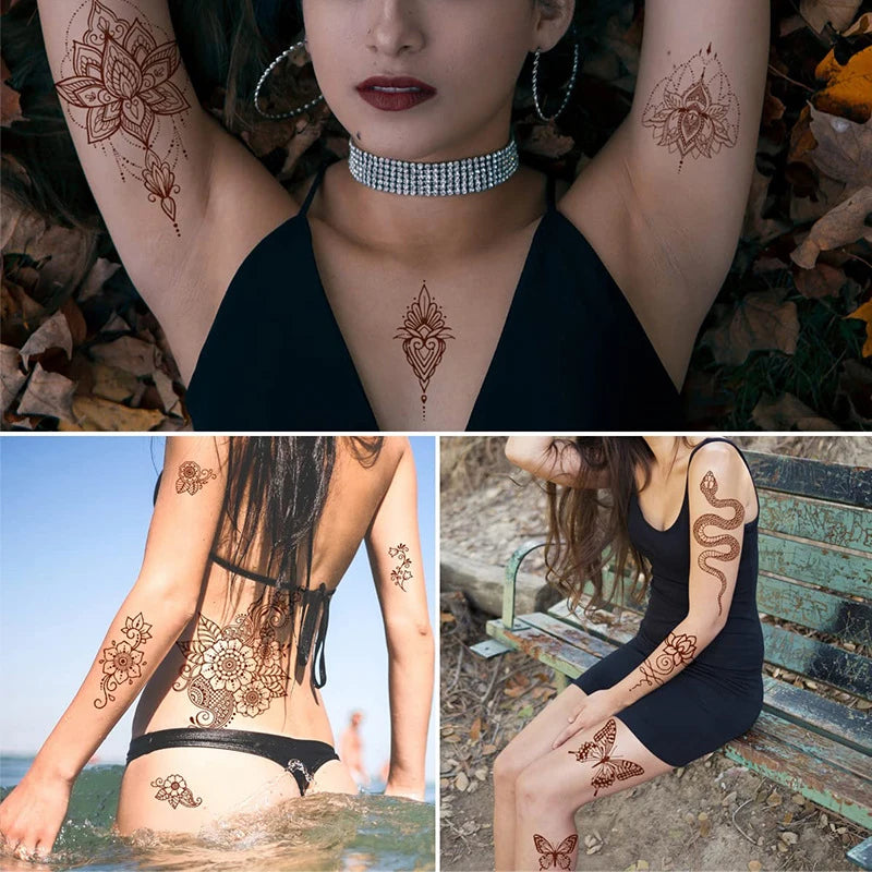 Waterproof Henna Tattoo Brown Henna Stickers for Hand Fake Tattoo for Women Body Art Temporary Hena Design Mehndi Stickers