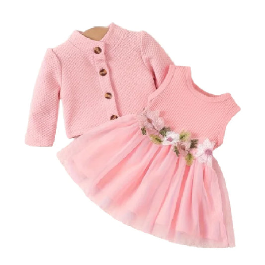 1-2 year old infant and female baby spring and autumn style waist flower design vest spliced mesh dress+long sleeved jacket
