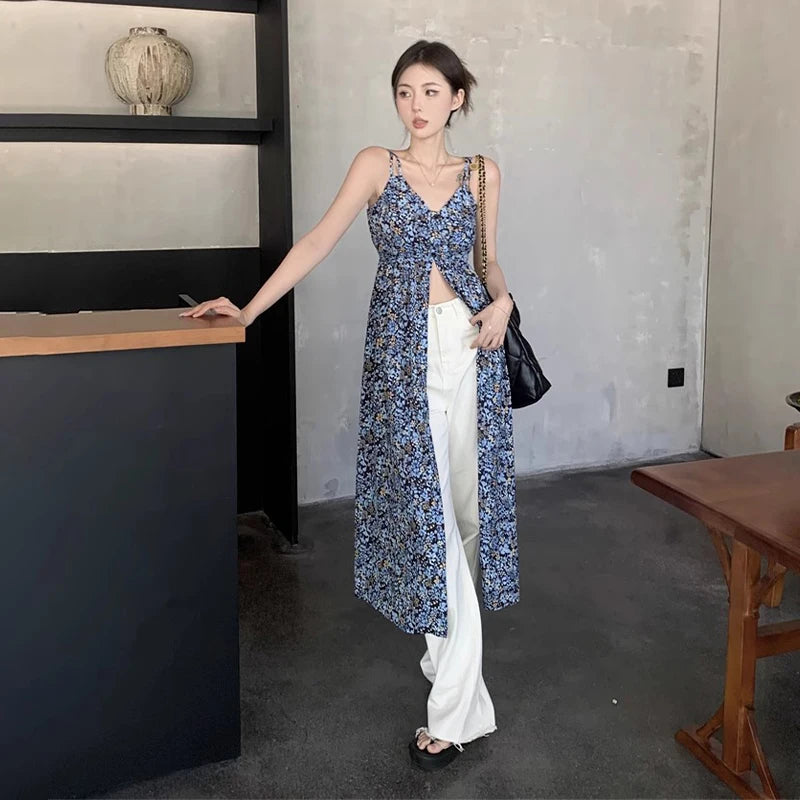 Floral V-neck Spaghetti Strap Dress Women's Summer Split A-line Long Dresses