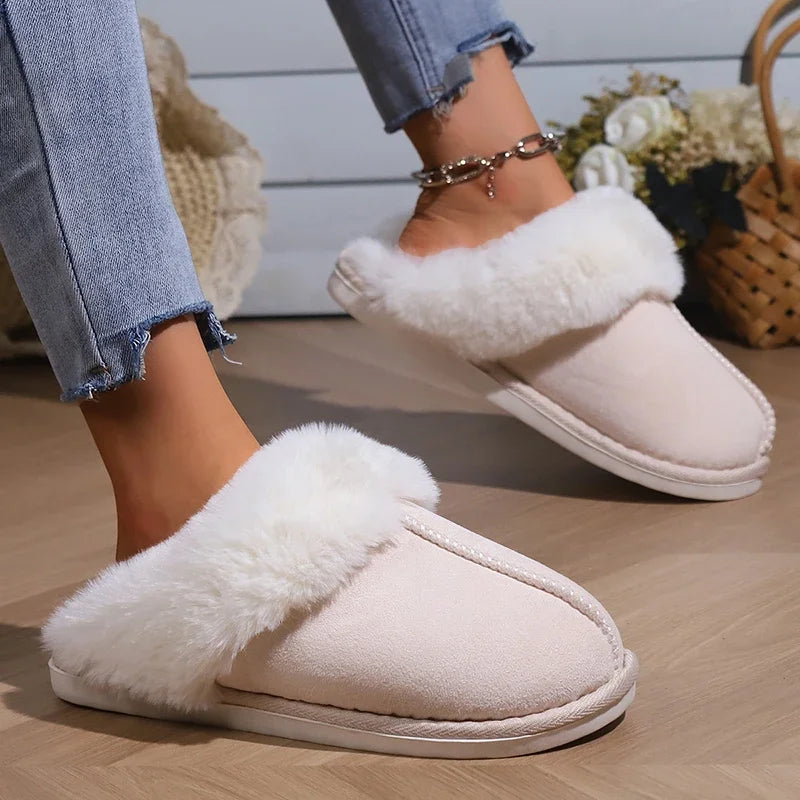 Lucyever 2023 Winter Fur Slippers Women Faux Suede Fluffy Furry Home Slides Woman Comfort Non Slip Indoor Floor Cotton Shoes 45