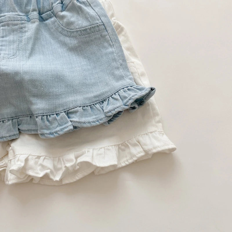 Summer Kids Shorts Solid Brief Denim Girls Ruffle Shorts Children Clothes Teenage Girl Jeans