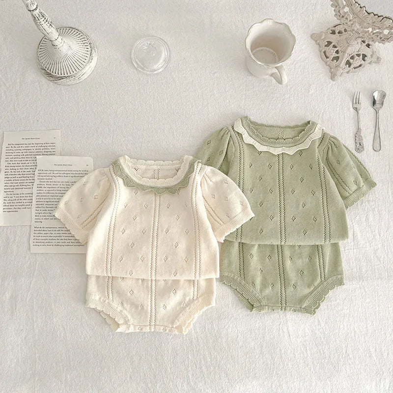 Summer Baby T-shirt Clothing Set Infant Baby Hollow Out Knit Tee and Shorts 2 Pcs Toddler Outfit