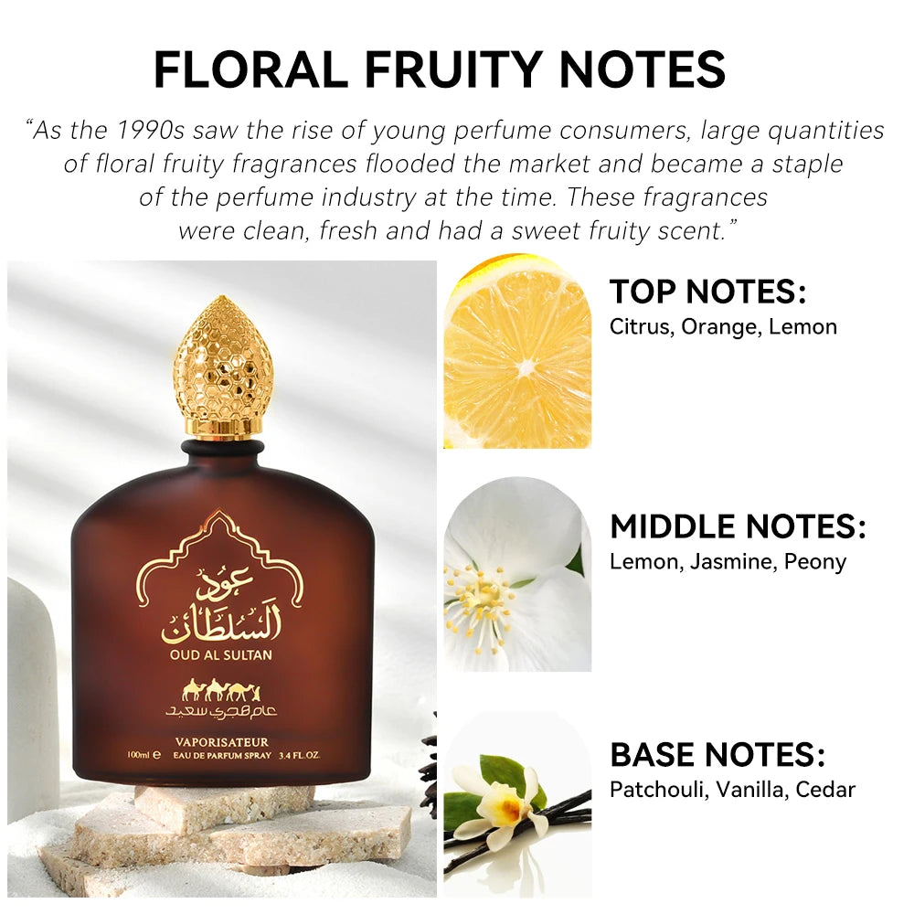 100ML 3.4FL.OZ Arabian Perfume Strong Fragrance Fruity Floral Notes Women's Eau de Parfum Vanilla Citrus Jasmine Long Lasting