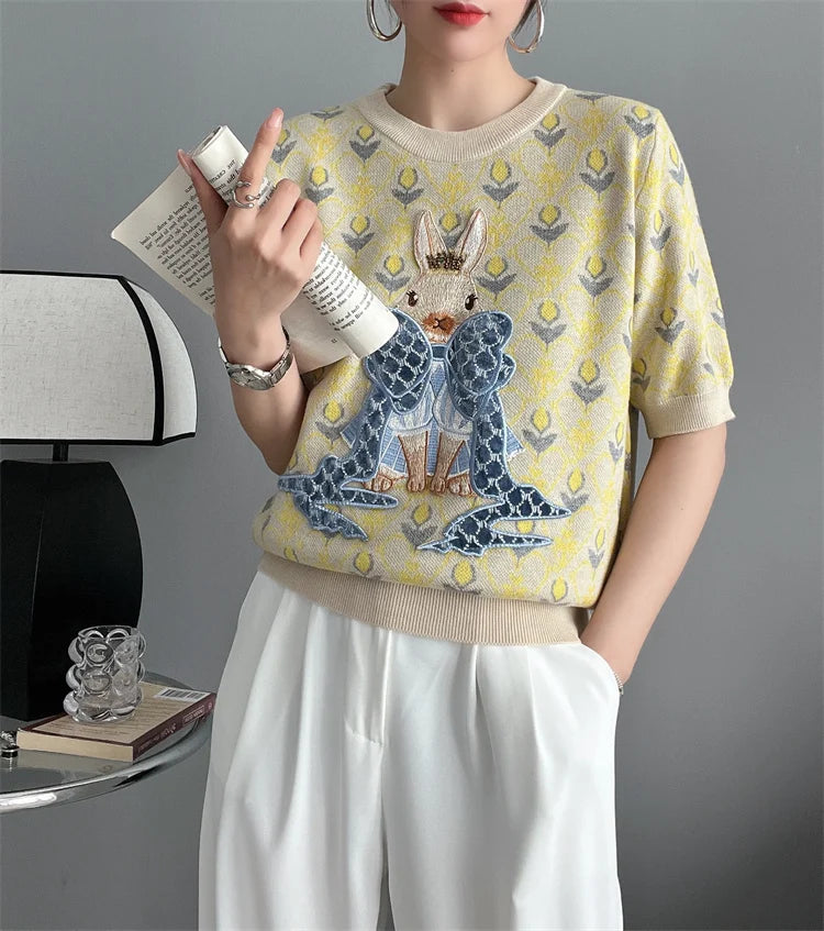 New Summer Women Knitted Sweater European Style Cartoon Pattern Fashion Jacquard Round Neck Short Sleeve Casual Jumpers Knitwear