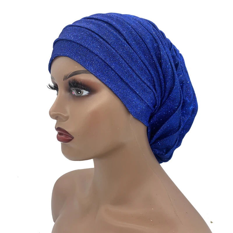 Glitter Full Body Pleated Turban Cap for Women 2023 Lady Head Wraps Muslim Headscarf Hat Turbante Mujer African Headpiece