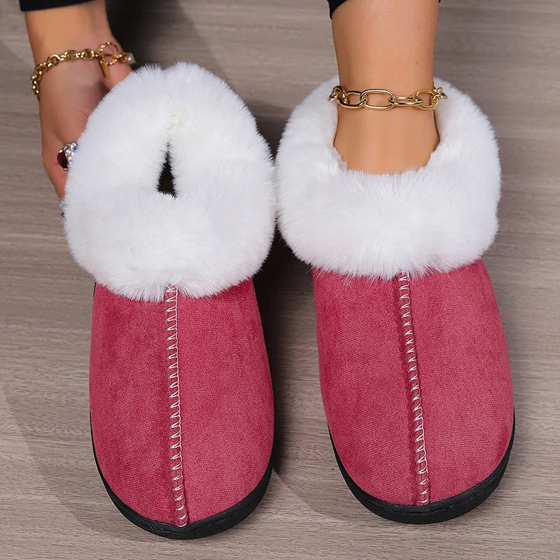 2024 Winter Warm Fur Indoor Home Slippers Women Faux Suede Closed Toe Couple Slippers Woman Comfort Soft Sole House Shoes Slides