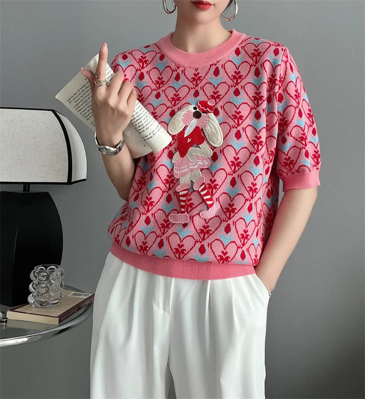 New Summer Women Knitted Sweater European Style Cartoon Pattern Fashion Jacquard Round Neck Short Sleeve Casual Jumpers Knitwear