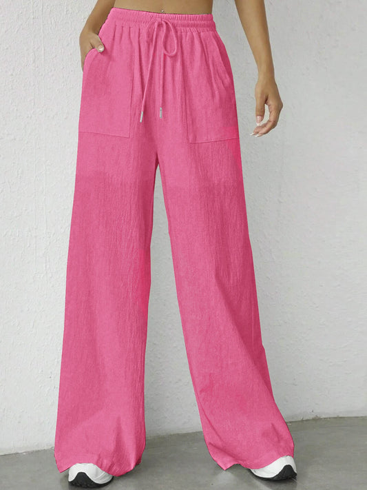 Solid Drawstring Wide Leg Pants, Casual Elastic Waist Slant Pocket Pants For Spring & Summer, Women's Clothing