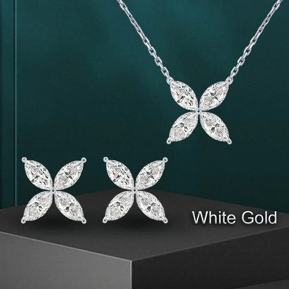 Butterfly Moissanite Jewelry Sets for Women 925 Silver Marquise Cut Diamond Pendant Necklace Stud Earrings with Certificates