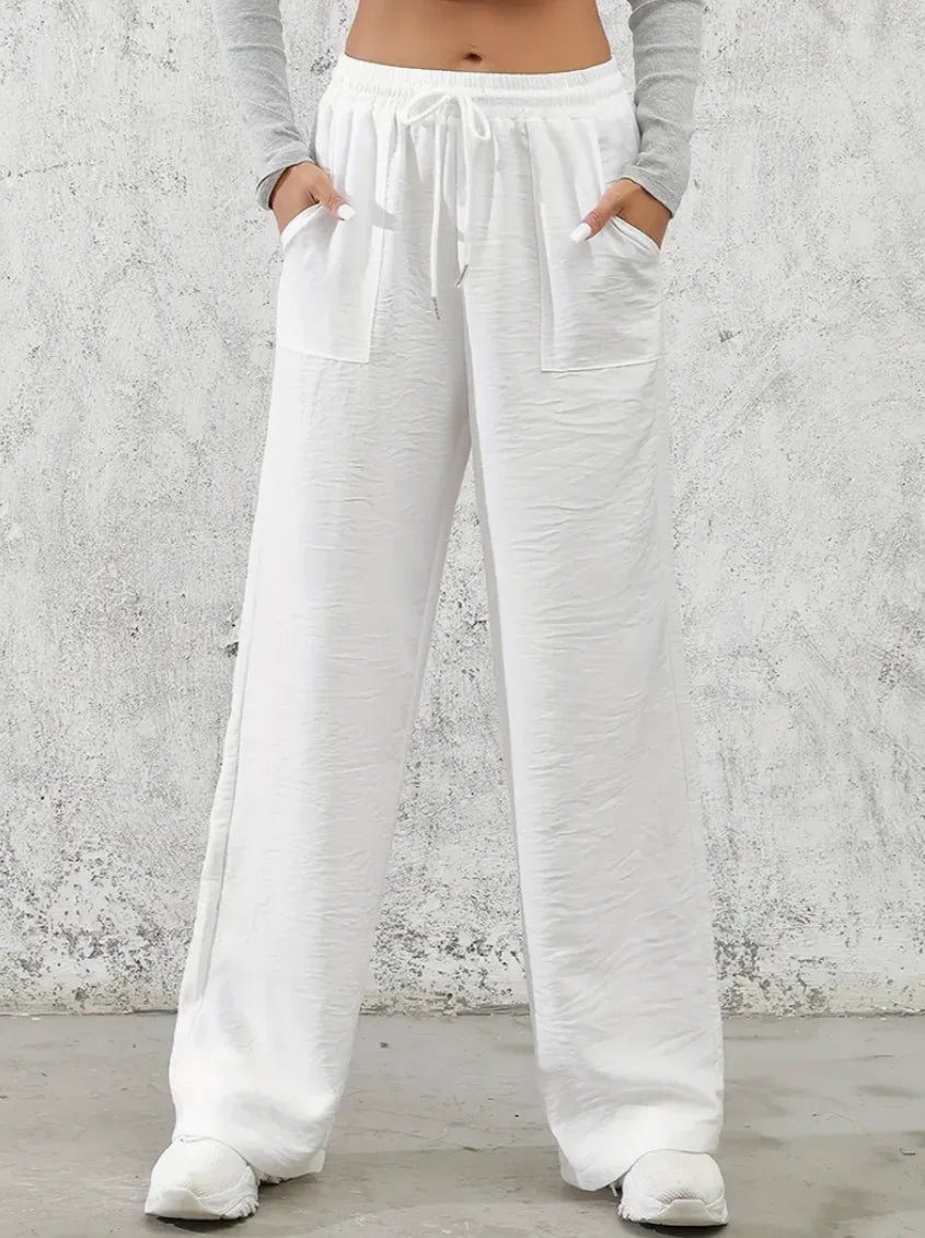 Solid Drawstring Wide Leg Pants, Casual Elastic Waist Slant Pocket Pants For Spring & Summer, Women's Clothing
