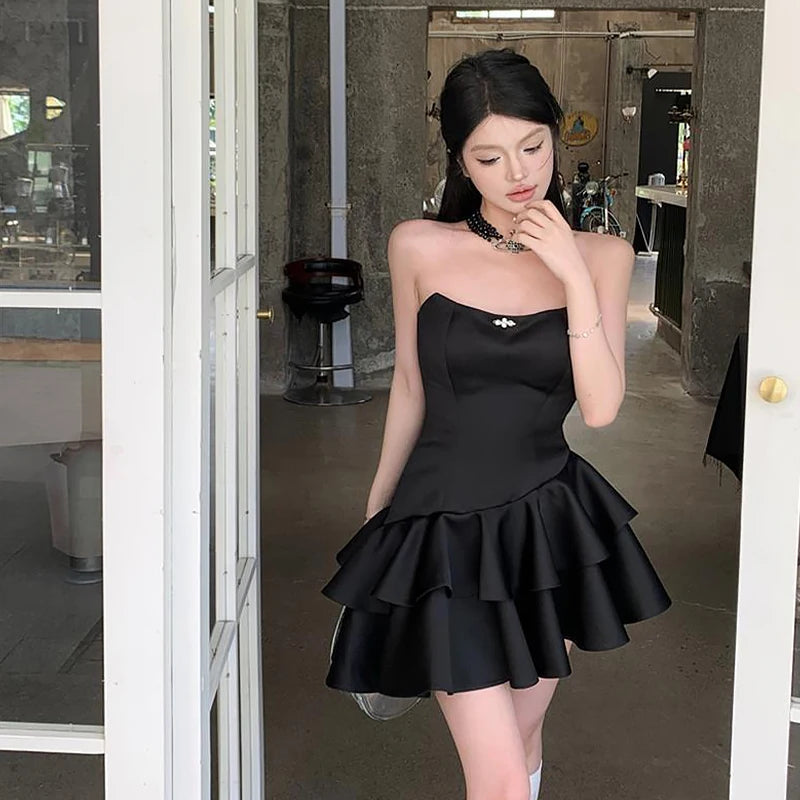 Summer Irregular Strapless Women Sexy A-Line Party Tiered Balck Mini Dress