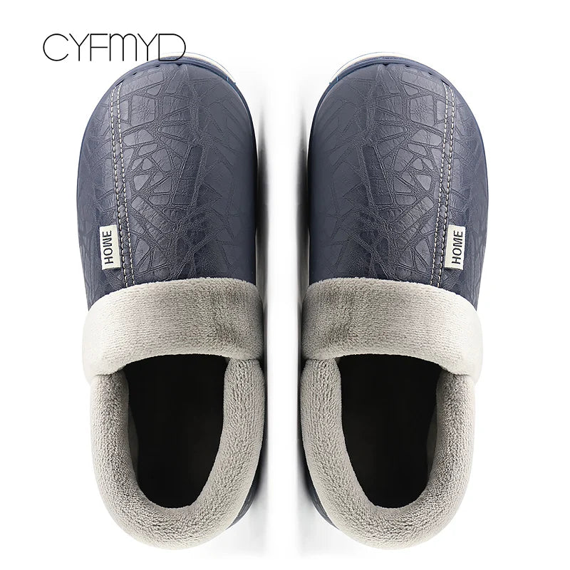 Warm Home Slippers for Men Massage Memory Foam Winter Household Slippers for Male Indoor Shoes Leather Non-Slip Plus Size 50 51