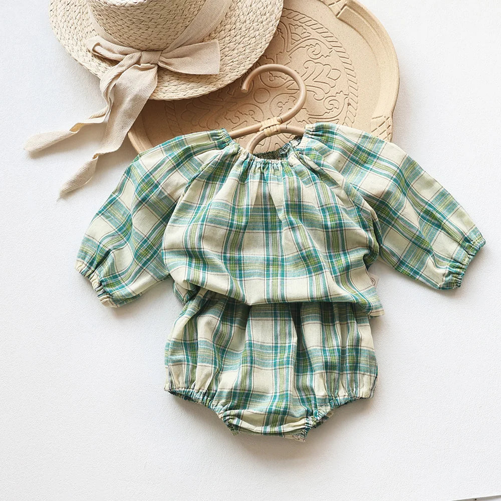 Summer Baby Clothes Set Vintage Style Green Big Plaid Baby Girl Suit Toddler Blouse and Bloomer 2 Pcs