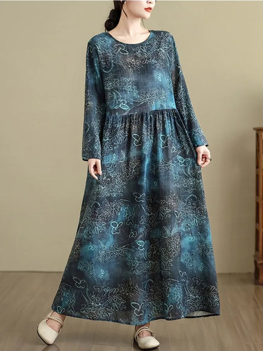 long sleeve oversized cotton vintage floral new in dresses for women casual loose summer autumn dress elegant clothing 2025