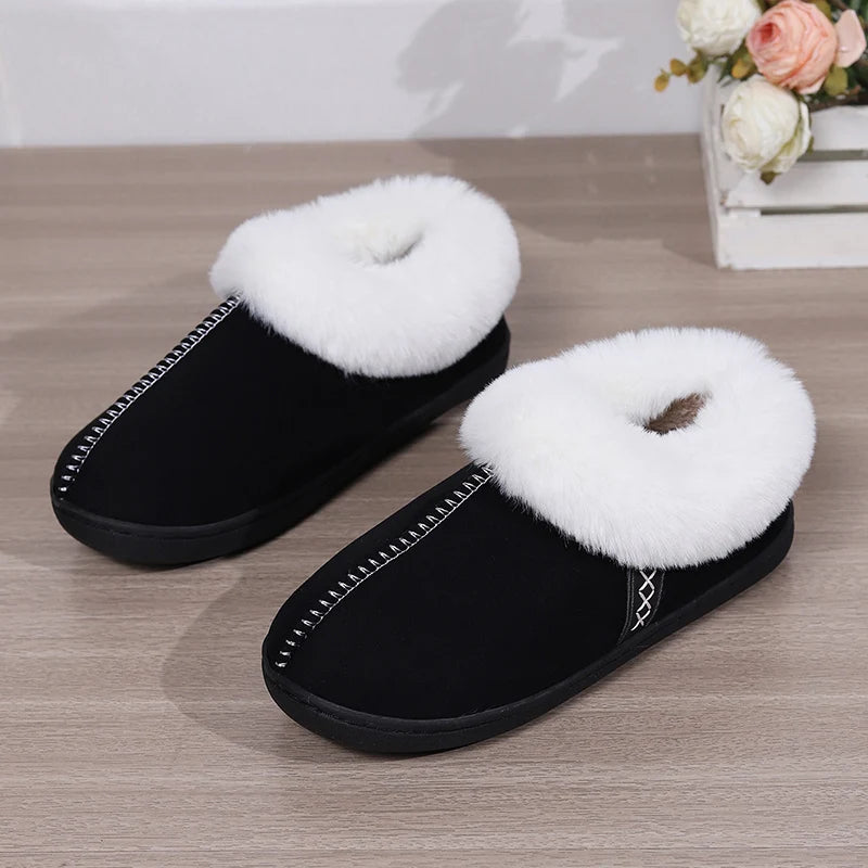 2024 Winter Warm Fur Indoor Home Slippers Women Faux Suede Closed Toe Couple Slippers Woman Comfort Soft Sole House Shoes Slides