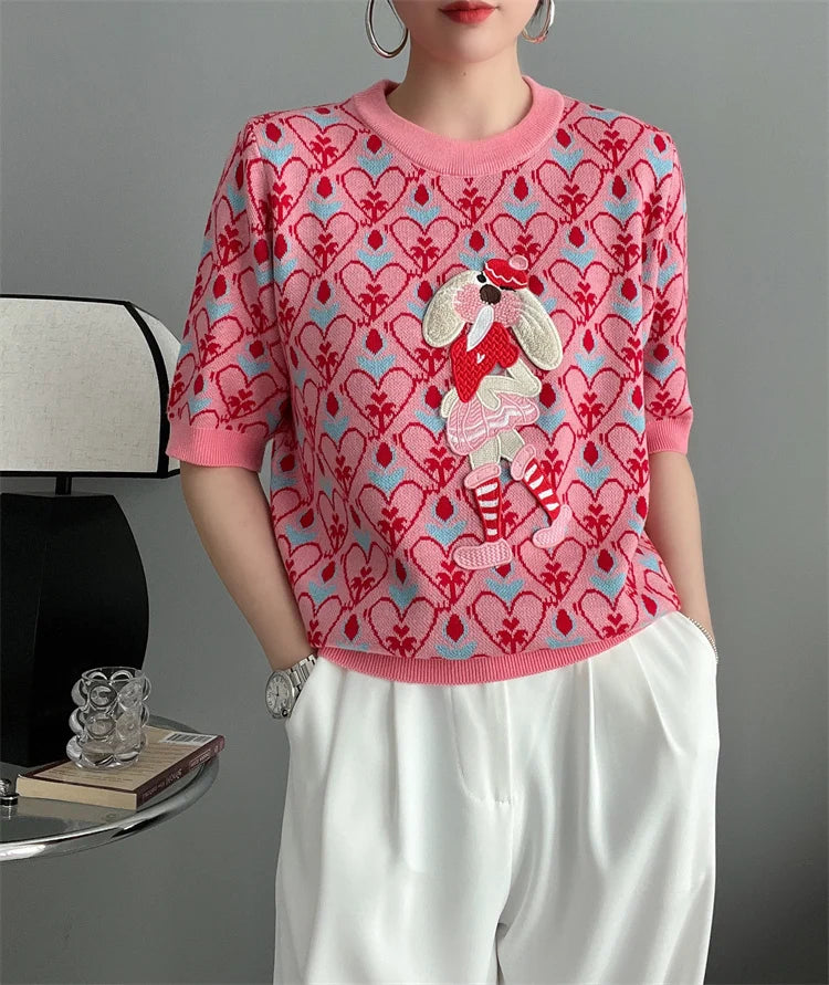 New Summer Women Knitted Sweater European Style Cartoon Pattern Fashion Jacquard Round Neck Short Sleeve Casual Jumpers Knitwear
