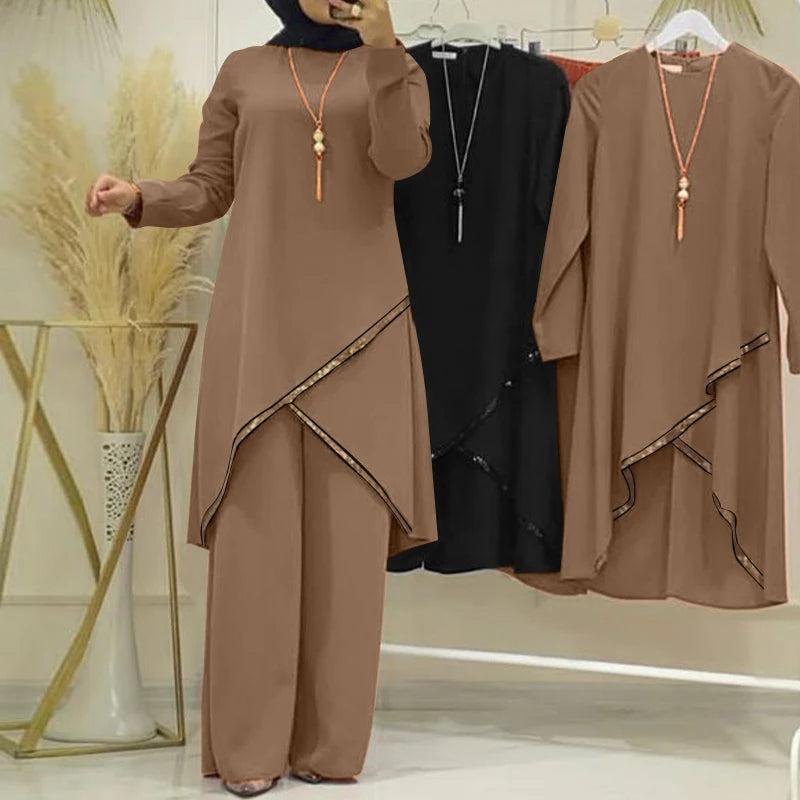 2PCS Women Muslim Sets Fashion Sequins Islamic Clothing Loose Matching Sets Tracksuit Long Sleeve Blouse Abaya Suits