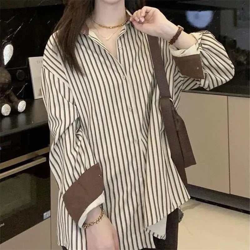 Korean Style Shirts Women Lapel Striped Basic Simple Office Lady Temperament Vintage Popular Daily