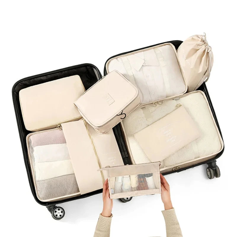 9Pcs Travel Organizer Storage Bags Suitcase Packing Cubes Portable Fold Wardrobe Luggage Clothes Shoe Pouch With Makeup Bag