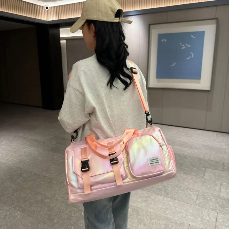 Holographic Glamour Duffel Bag - Spacious,Stylish Shoulder Tote with Shoe Compartment for Effortless Weekend Escapes -