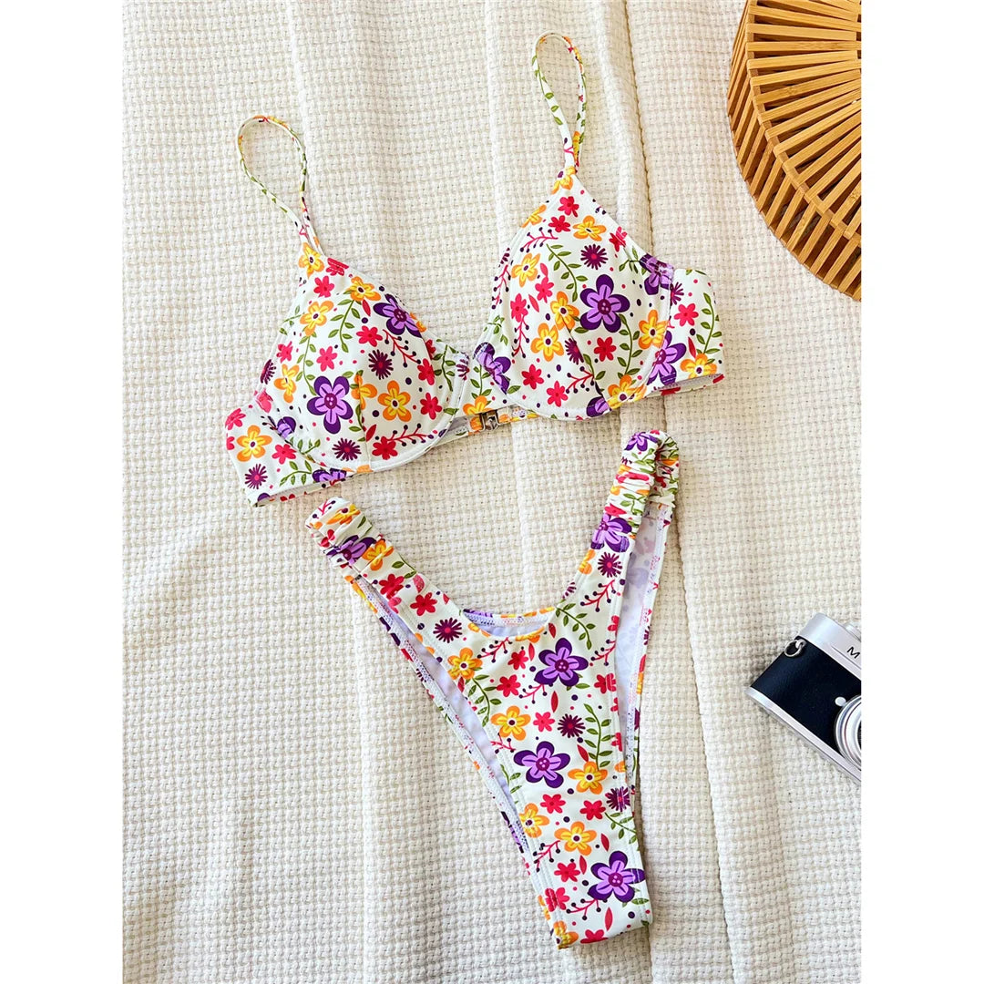 Flowers Printed Underwired Brazilian Bikini Female Swimsuit Women Swimwear Two-pieces Bikini set Bather Bathing Suit Swim V5666