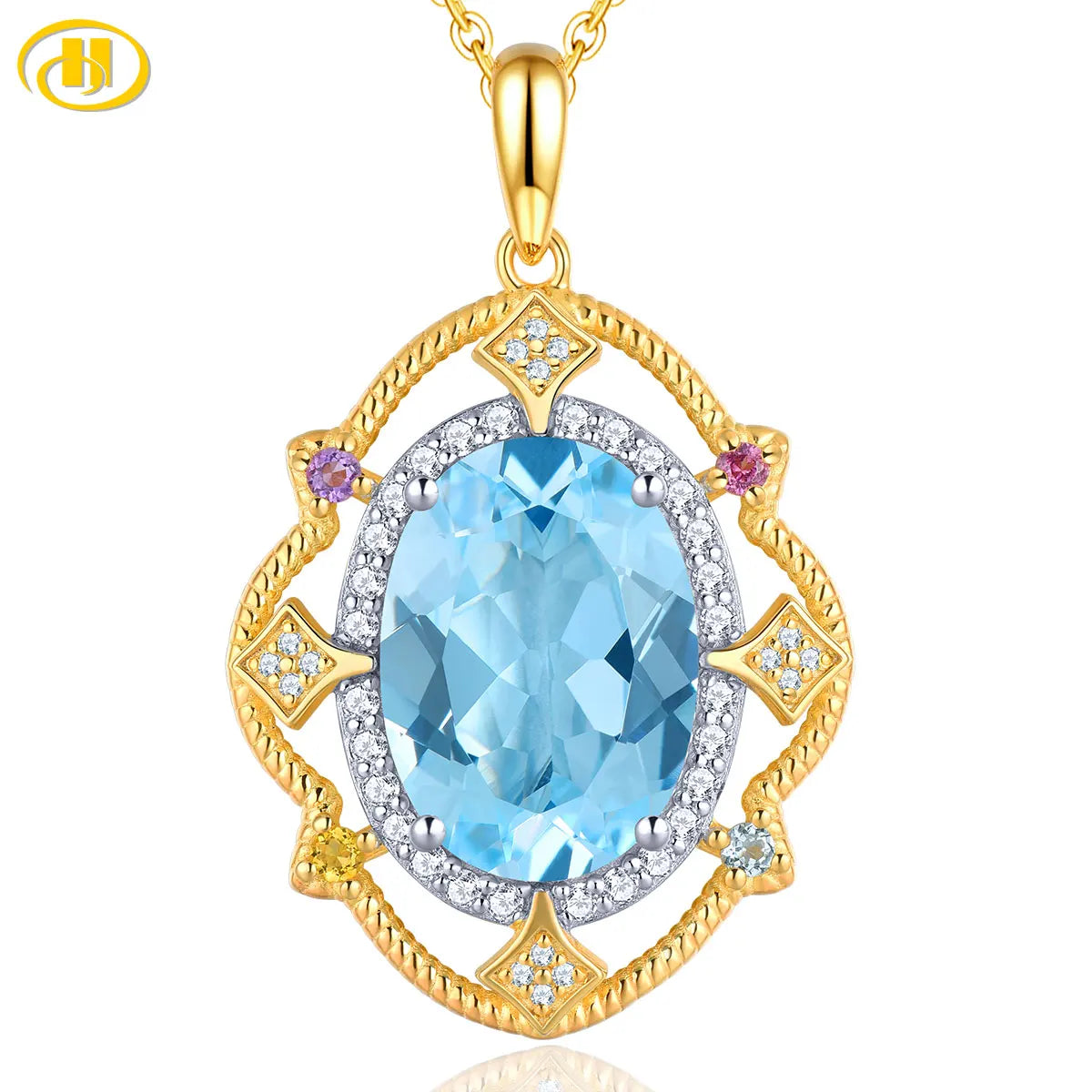 Natural Blue Topaz Silver Yellow Gold Plated Pendant 8 Carats Genuine Sky Blue Gemstone Women Classic Luxury Style Jewelry Gifts