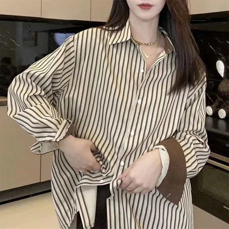 Korean Style Shirts Women Lapel Striped Basic Simple Office Lady Temperament Vintage Popular Daily