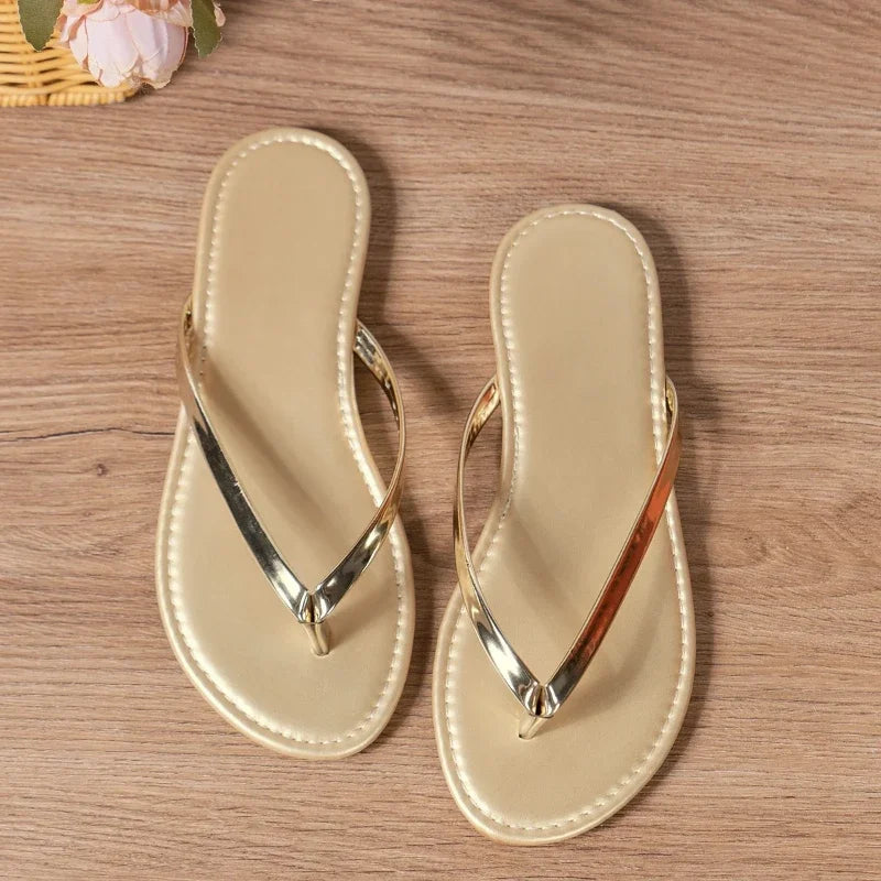 2024 Fashion Solid Color Casual Slippers Summer Comfortable Silver Gold Women's Shoes Beach Home Flat Simple Women's Slippers