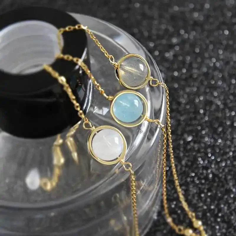 Natural White/Gray Moonstone Aquamarine Bracelets Gold Chain Link 925 Sterling Silver Bracelet for Women Girls Jewelry YBR040