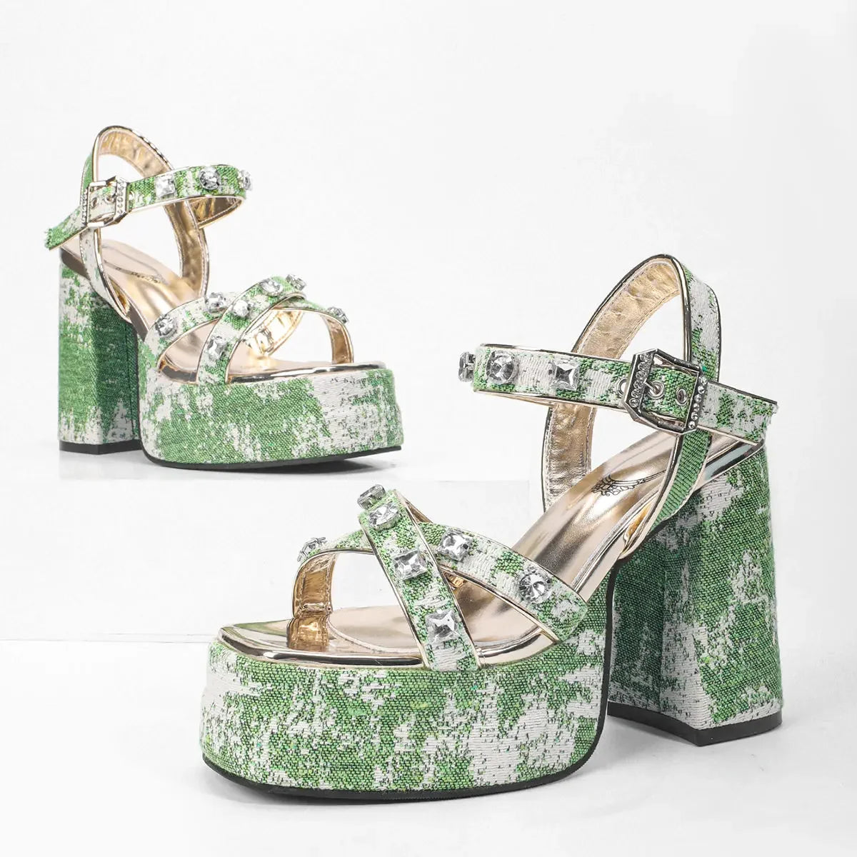 2024 Summer Green Women's Rhinestone Decor Block Y2k Heels Platform Sexy Ankle Strap Sandals Fashion Party Dress Shoes