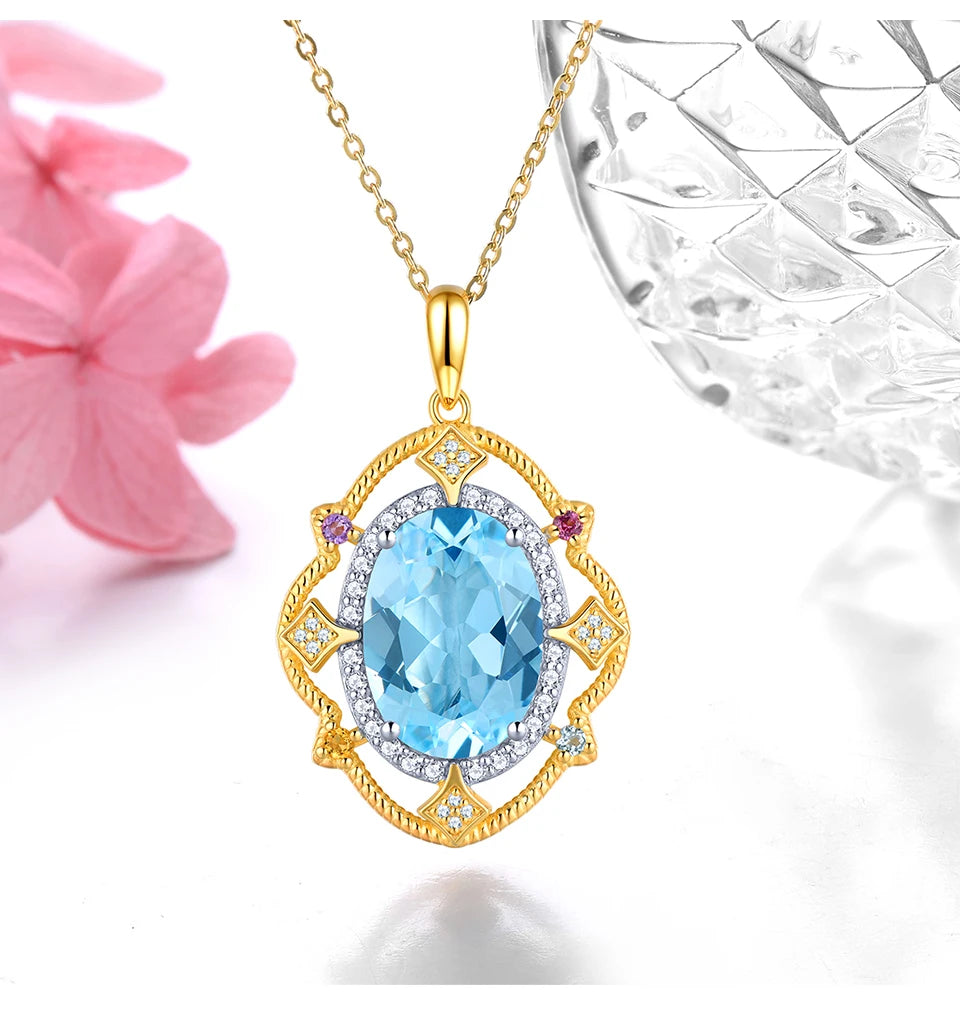 Natural Blue Topaz Silver Yellow Gold Plated Pendant 8 Carats Genuine Sky Blue Gemstone Women Classic Luxury Style Jewelry Gifts