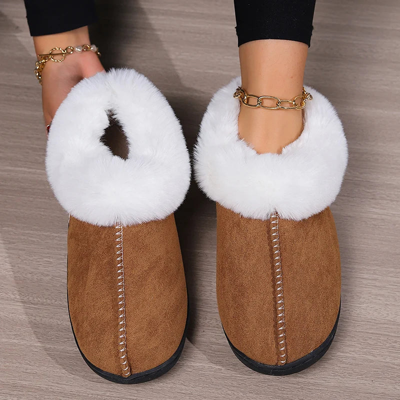 2024 Winter Warm Fur Indoor Home Slippers Women Faux Suede Closed Toe Couple Slippers Woman Comfort Soft Sole House Shoes Slides