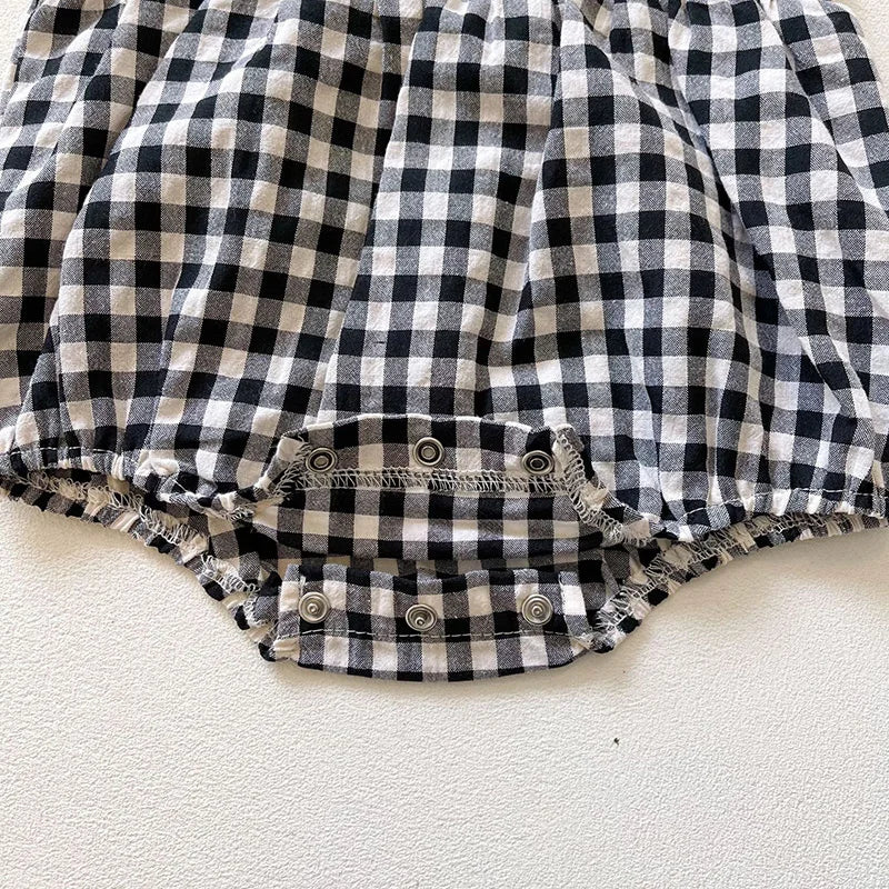 Summer Baby Bodysuits Sweet Flare Sleeve Plaid Baby Girls Bodysuit With Headband Newborn One Piece Infant Outfit