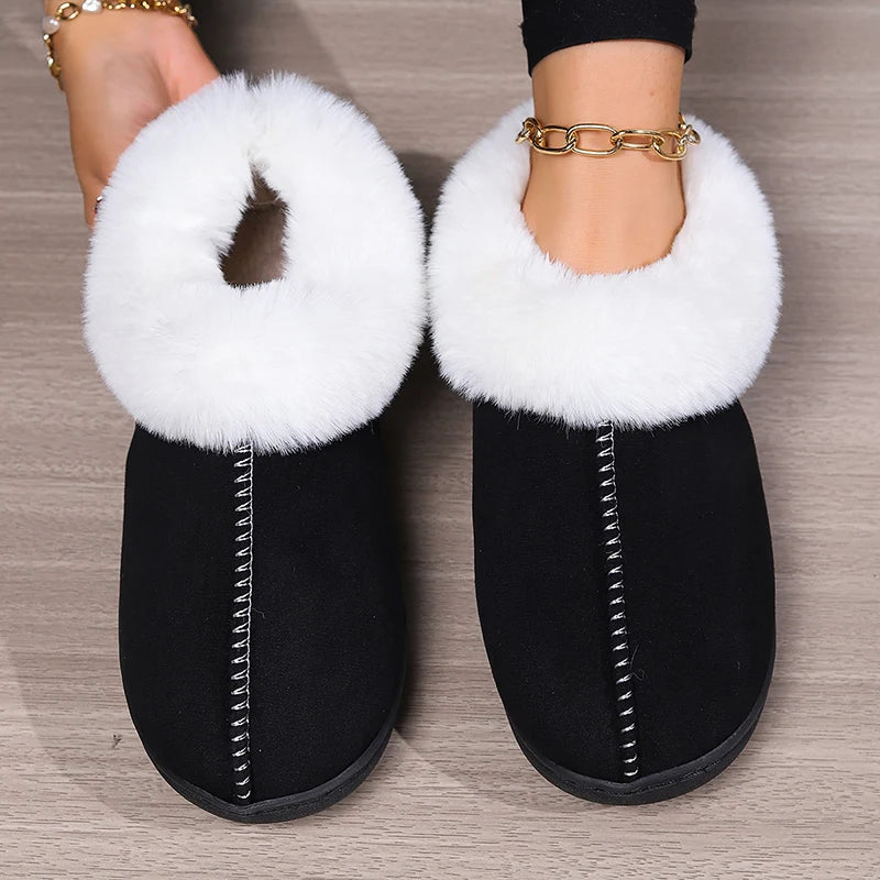 2024 Winter Warm Fur Indoor Home Slippers Women Faux Suede Closed Toe Couple Slippers Woman Comfort Soft Sole House Shoes Slides