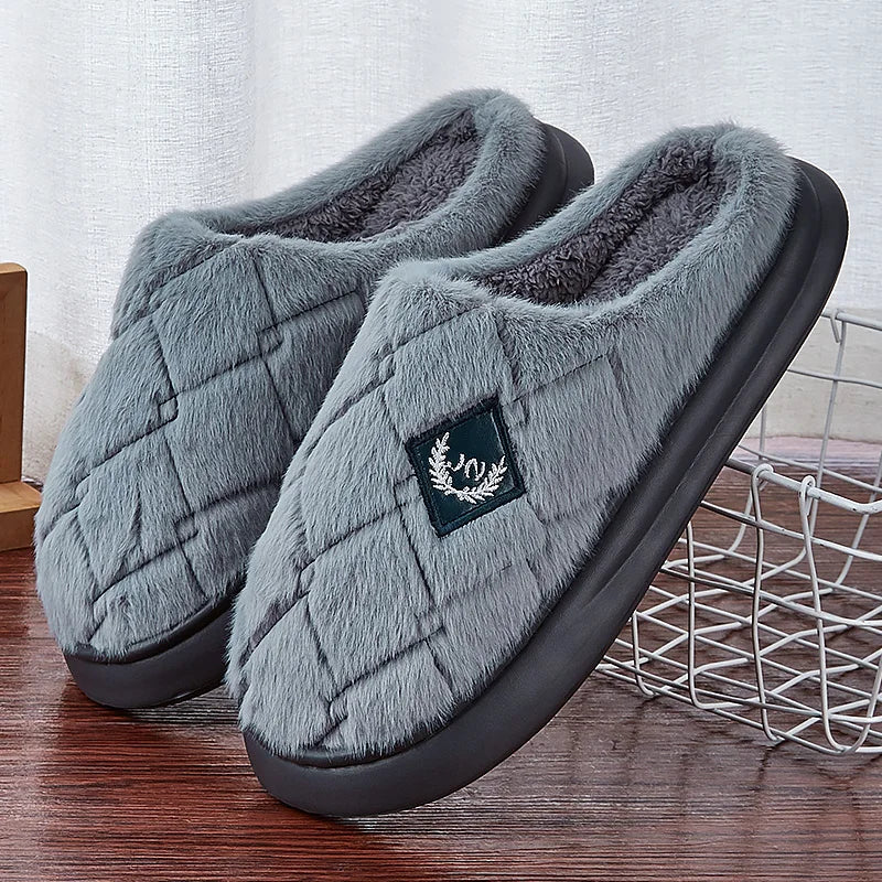 Men's House Slippers Furry Plaid cozy EVA Memory Foam Lightweight Casual Shoes Winter Warm Plush Non-slip Slippers big size