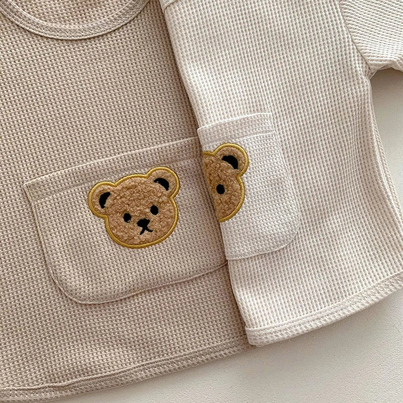 Summer Soft Waffle Baby Girls Clothing Set Front Pocket Bear Tee and Shorts 2Pcs Infant Boys Short Sleeved Suit