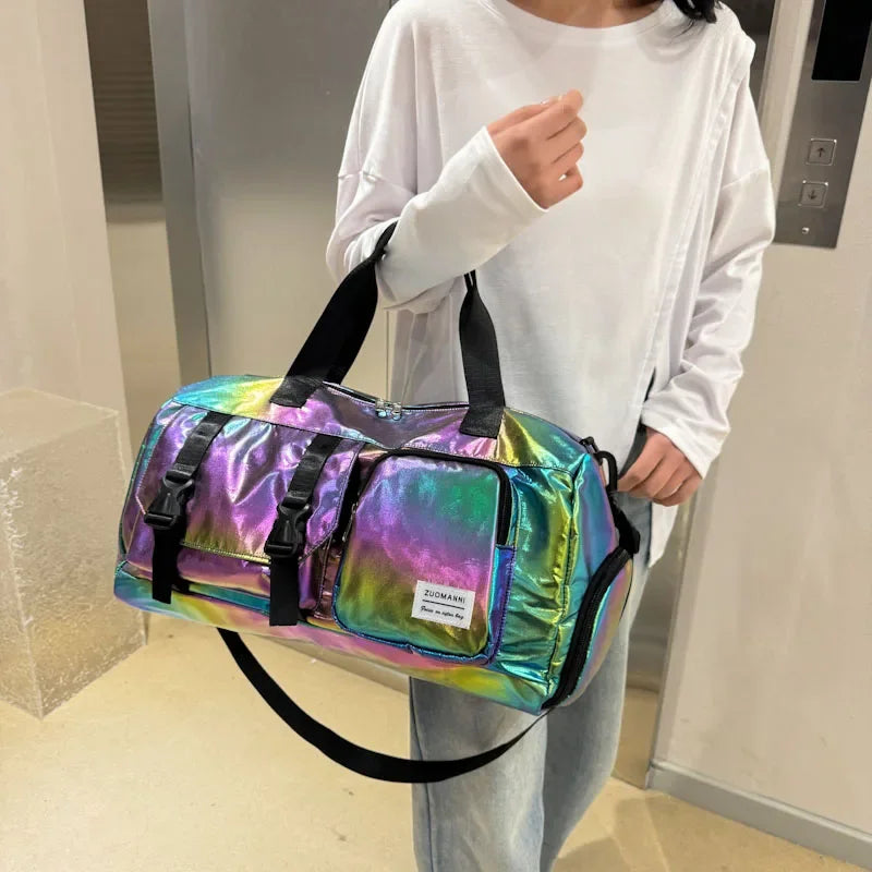 Holographic Glamour Duffel Bag - Spacious,Stylish Shoulder Tote with Shoe Compartment for Effortless Weekend Escapes -