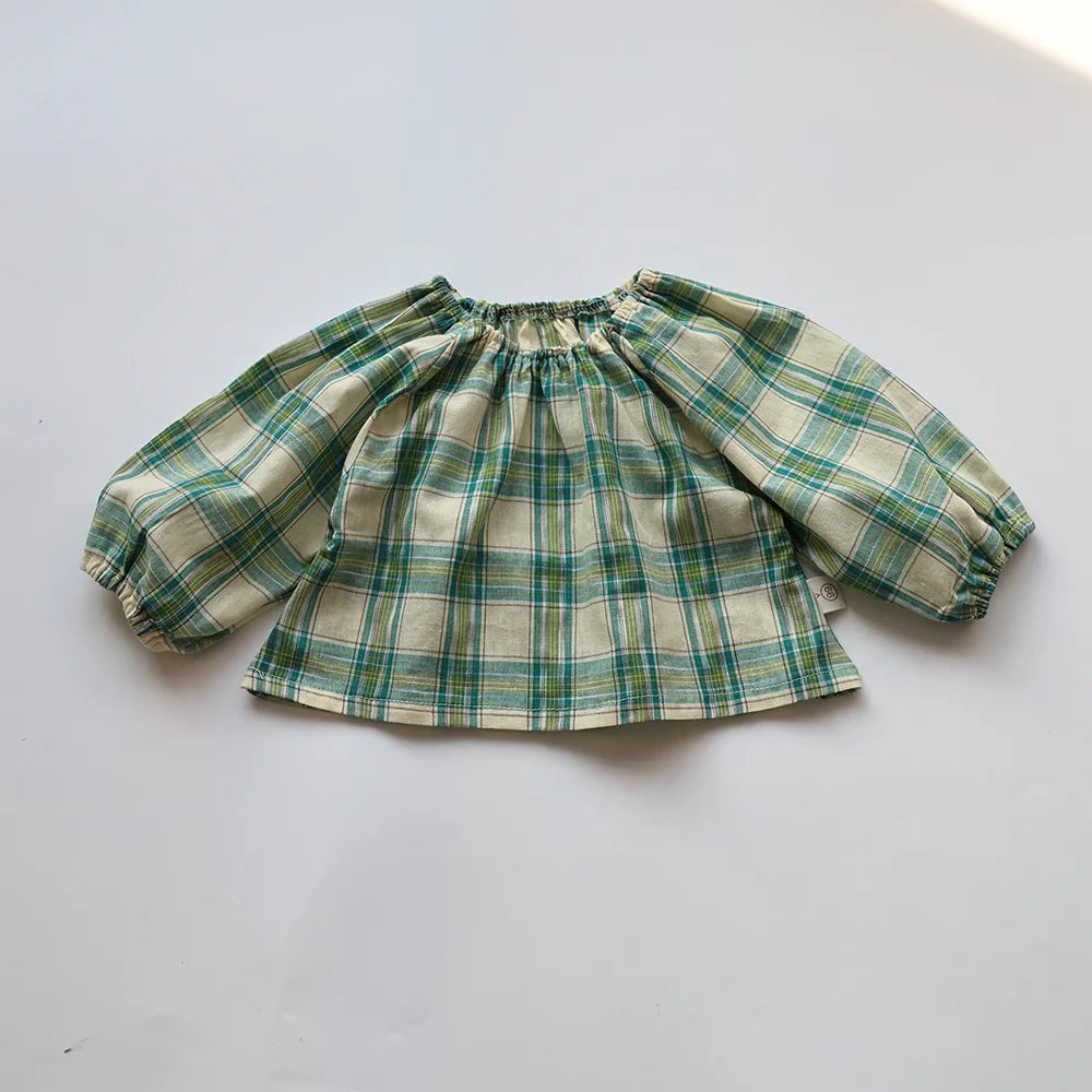 Summer Baby Clothes Set Vintage Style Green Big Plaid Baby Girl Suit Toddler Blouse and Bloomer 2 Pcs