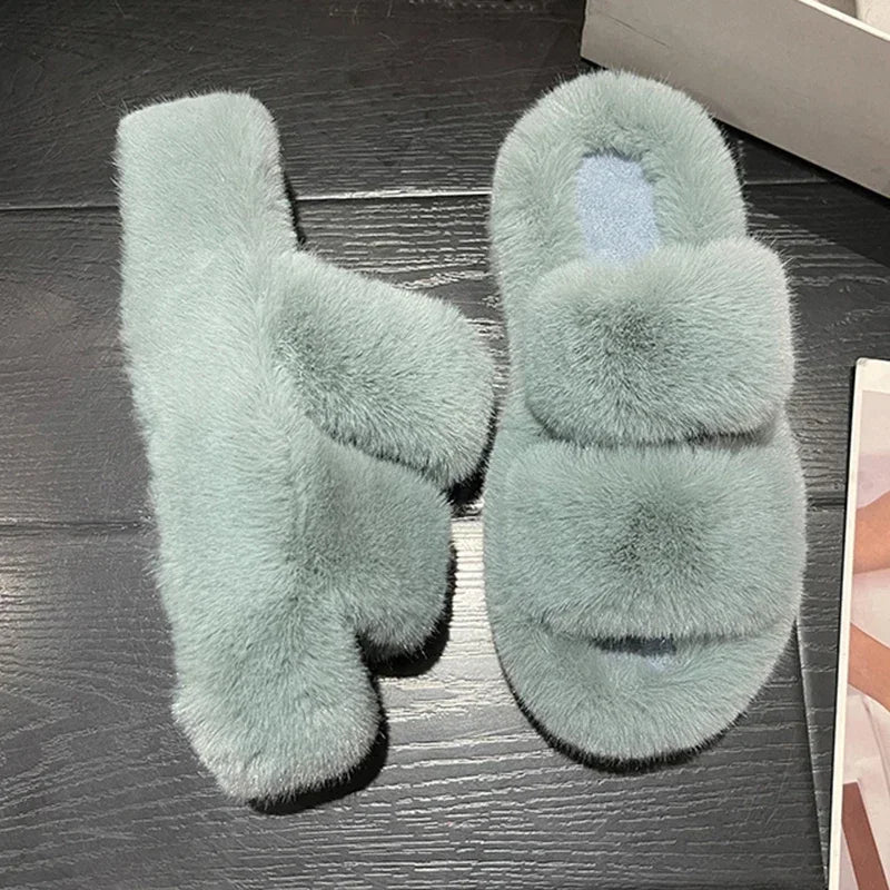 Winter Fluffy Slippers Women 2024 New House Home Fur Slippers For Women Flat Platform Cozy Fuzzy Indoor Shoes Korean Slides