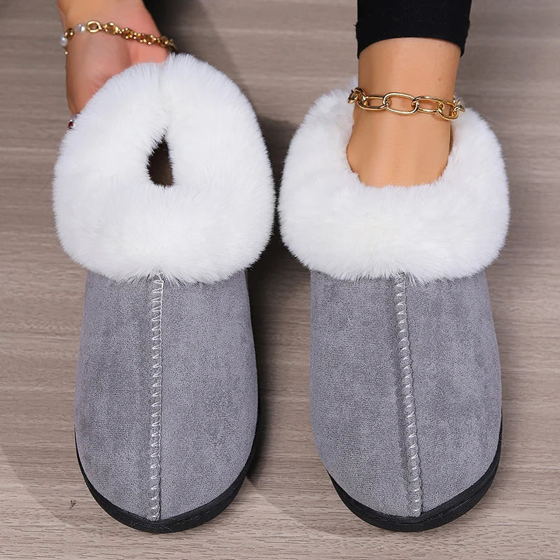 2024 Winter Warm Fur Indoor Home Slippers Women Faux Suede Closed Toe Couple Slippers Woman Comfort Soft Sole House Shoes Slides